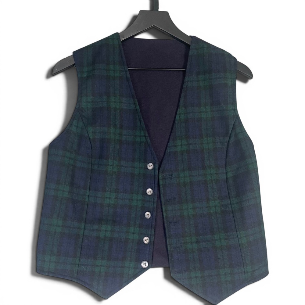 Vintage 90s Orvis Womens S Black Watch Tartan Wool Vest Waistcoat Made USA